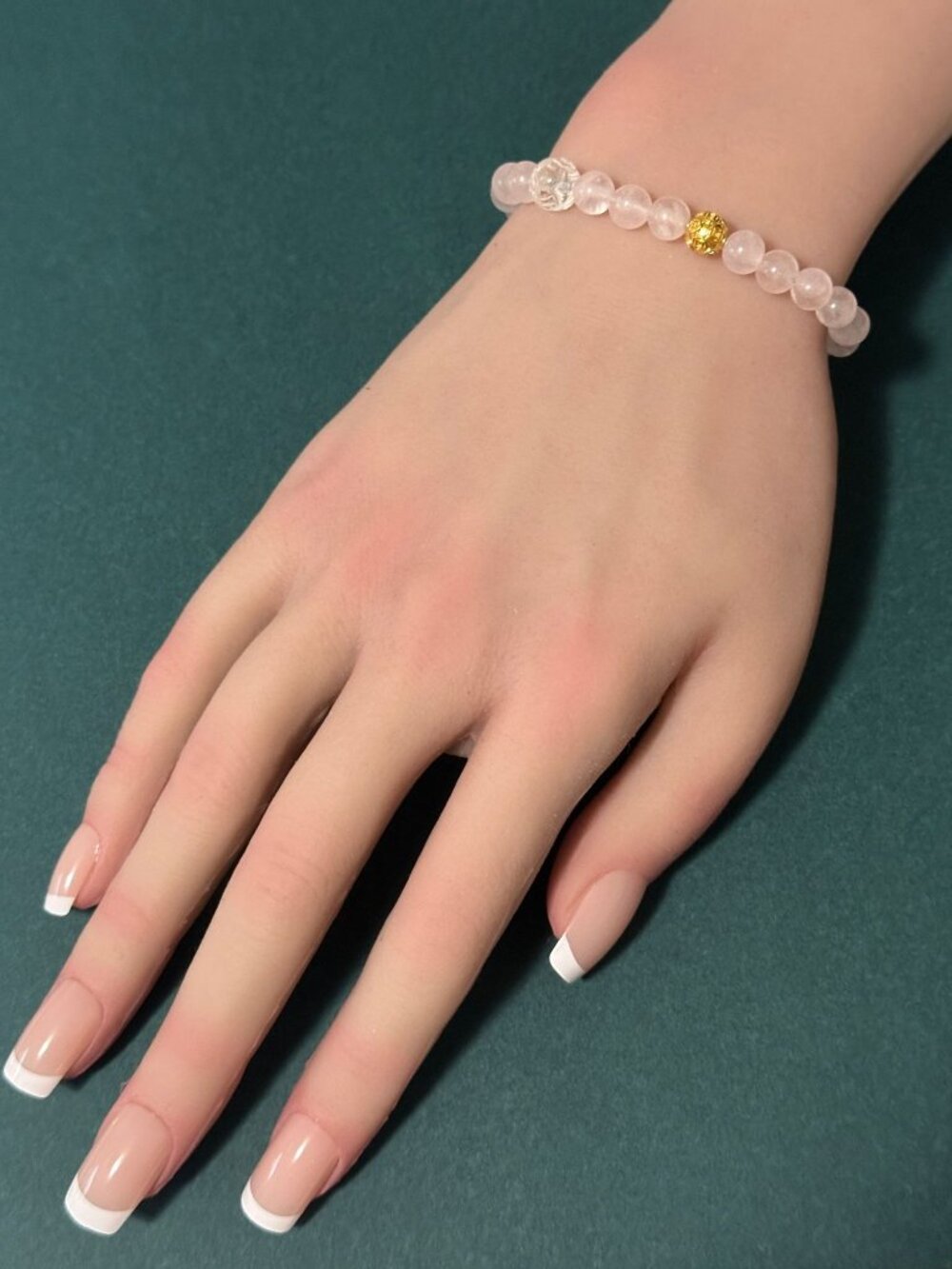 18K Solid Gold Coin Ball Stretch Bracelet Rose Quartz Clear Quartz Lotus - Picture 4 of 5